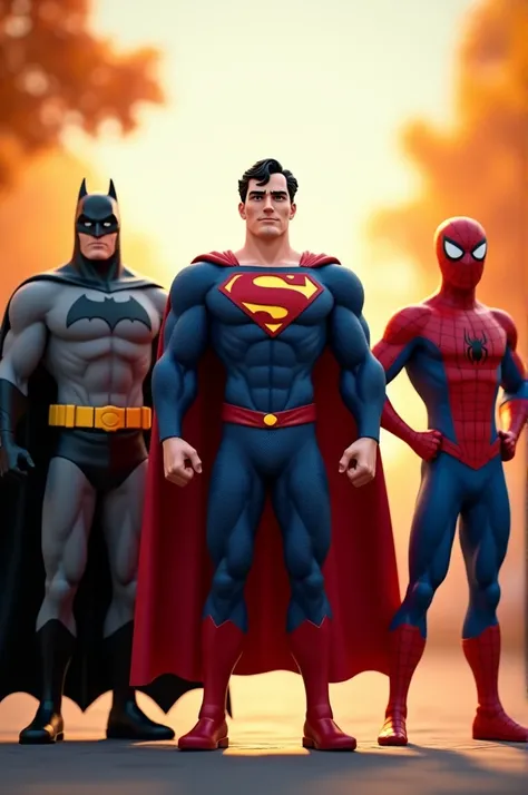 The image you uploaded shows three iconic superhero characters: Batman, Superman, and Spider-Man, standing side by side in what appears to be a bright, outdoor setting. Heres a possible prompt that could describe this scene:

"A vibrant, high-quality 3D-re...