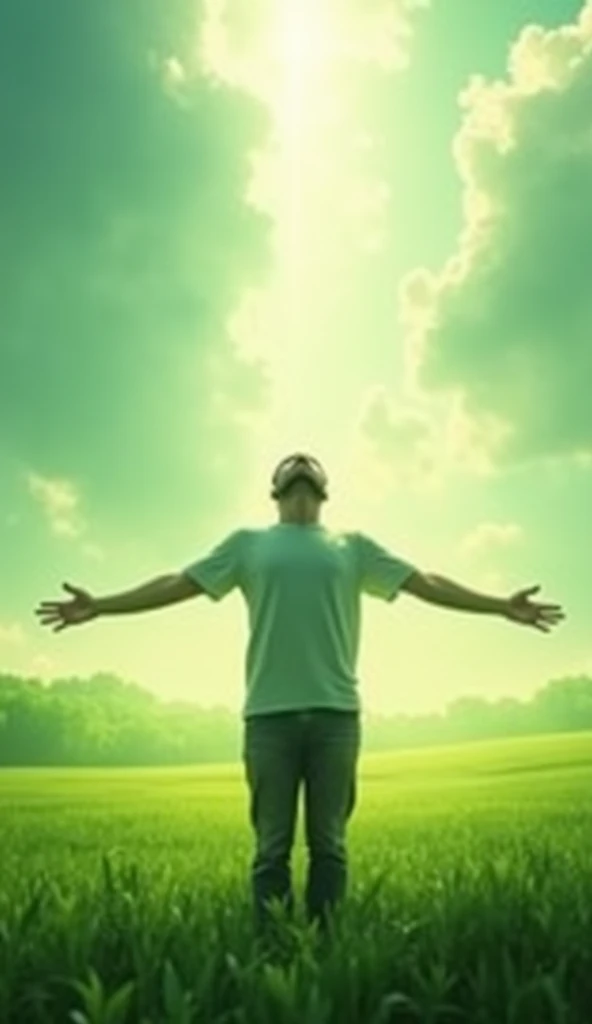 Image of a person standing, with open arms, looking at the sky, em um campo verdejante, symbolizing hope and confidence.