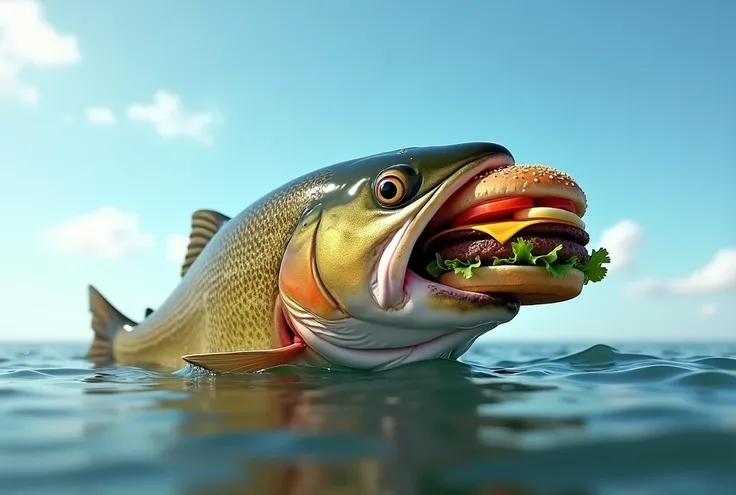 Create me a realistic image of a trout with only its head out of the water eating a hamburger and a sunny sky in the background 