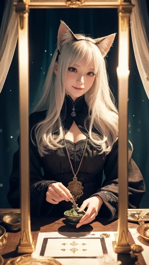 
(masterpiece, highest quality, highest quality, official art, beautiful and aesthetic: 1.2), (one girl: 1.3), wavy long hair, white hair, Cat ears on the head,highly detailed portrait, highly detailed hands, looking at the viewer, alone, (whole body: 0.6)...