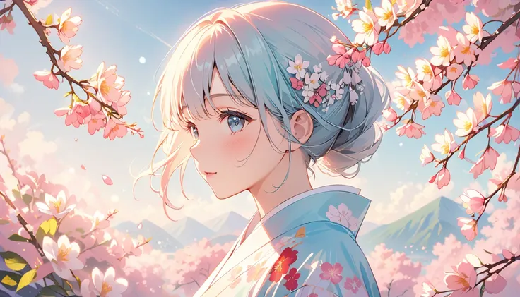 (Highest quality:1.2), Beautiful lo-fi minimalist vibe, Cute 1 Japan woman, Light bokeh, Soft colors, Sparkling, Dynamic Side Angle, Natural soft lighting, 8k resolution, shape, pastel four colors,kimono,cheery blossums flowers