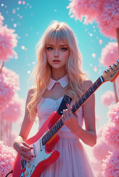 Playing electric guitar(Fluorescent color: 1.4), (Translucent: 1.4), (Vintage filter: 1.4), (Fantasy: 1.4), Candy World Disneyland Ethereal Soft Fluffy Soft Landscape Forest Snowflake Pale Pink Sky Blue Sparkling Ethereal Light Soft Whimsical Light Rainbow...