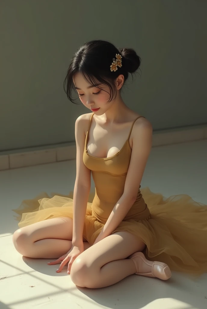 Frame 1:2, High resolution, photorealistic, 
young ballerina sitting on the floor, black hair with a neat hairstyle, a flower-shaped hair clip in her hair, shoulders drooping, the chest is covered with a thin transparent tan, breasts are small and sagging,...