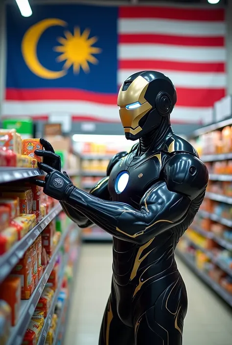 A male supermarket worker dressed in an ironman suit against the background of the malaysian flag and the aeon supermarket flag is arranging items on the shelf