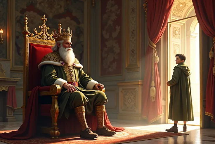 An old King in the palace wearing a crown and a 30 years old young English man wearing simple green clothes at the door 