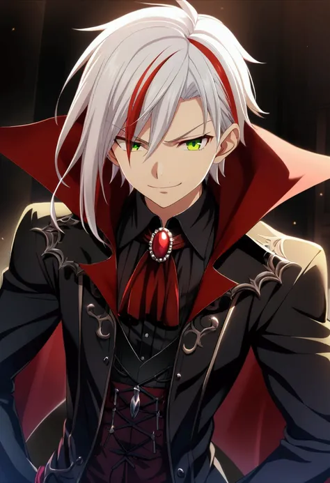 1boy, red hair, white hair streak, green eyes, vampire clothes, CG, arrogant smile, teenage