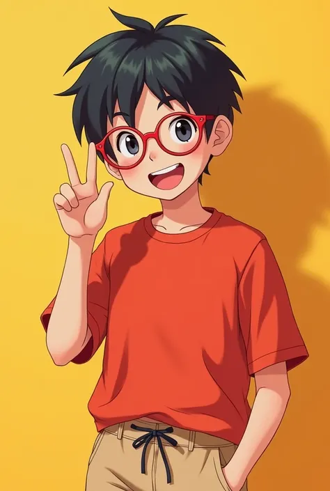    Japanese, black hair, red t-shirt, contagious smile, black slanted eyes, ROUND BLACK GLASSES, beige shorts and red sneakers. 