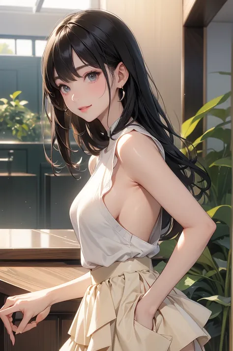 Backwards、Looking back、Beautiful buttocks、(Hip up shot:1.4、Close-up)、8k、High resolution、超detailed、最high quality、high quality、masterpiece、detailed、High resolution、Anatomically correct、NSFW、Big Breasts、One girl、Age 19、Beautiful breasts、(White sleeveless knit...