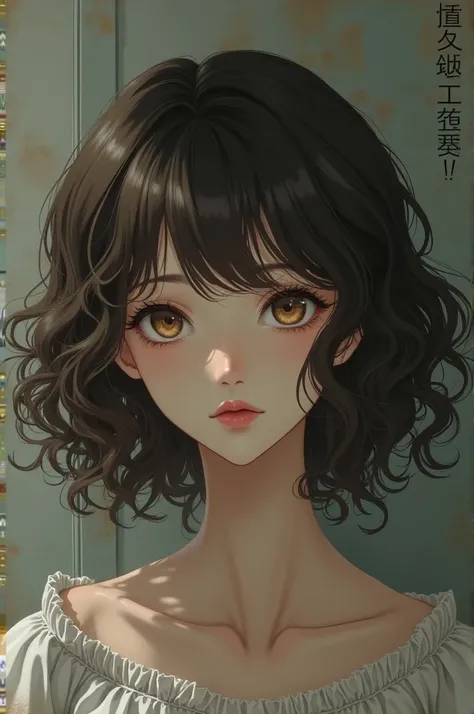 A woman in her thirties with effeminate facial features; half-pink dolls mouth, small nose, gentle and light brown eyes, curly, voluminous and brown hair. No bangs. The image should be made according to the style of Shingeki no Kyojins anime