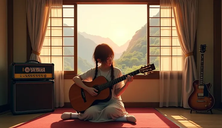 Room with a view of kyoto, Japanese high school girl playing Yamaha guitar and Fender amp, real photo, 4K, ultra high quality