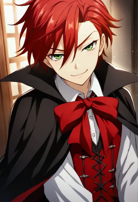 1boy, red hair, green eyes, vampire clothes, CG, arrogant smile, teenage