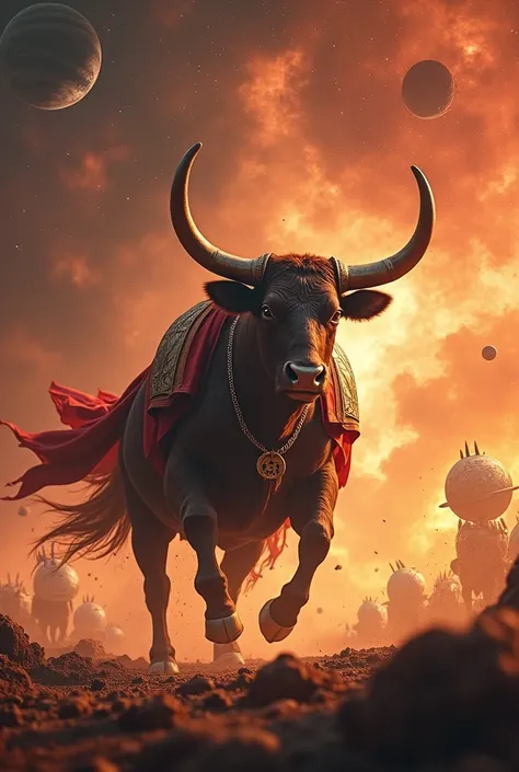 Imagine an epic scene depicting Taurus in a war scenario: a powerful bull, with imposing horns, advances across a cosmic battlefield. It is surrounded by blazing stars and exploding nebulae in shades of red and orange., symbolizing intensity and determinat...