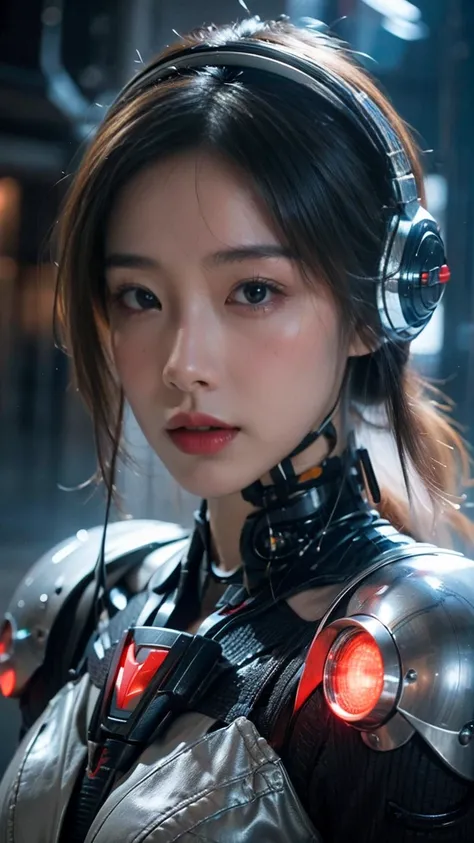 Create a highly detailed and close-up image of a young woman with a cybernetic appearance. She has an intricate, futuristic helmet and mechanical components integrated into her head and neck. Her skin shows a realistic texture with slight imperfections and...