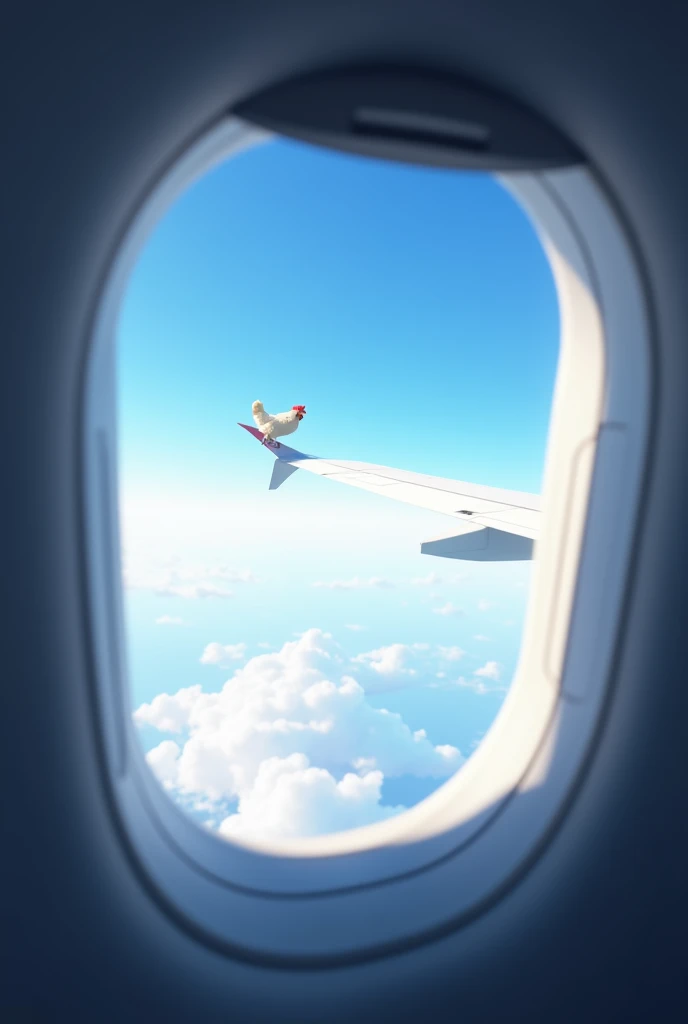 Airplane window seen from the perspective of someone inside the plane. You can see part of the planes wing, and the blue sky with few clouds. You can also see a chicken flying outside the plane., depth of field, high quality