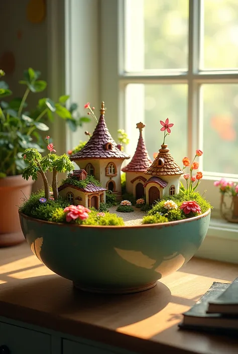 In a university student&#39;s room there is ,next to a bright window from which a warm grazing light enters,a large bowl with a mini village inside actually inhabited by splendid fairies who decorate their village with flowers and plants inside the bowl