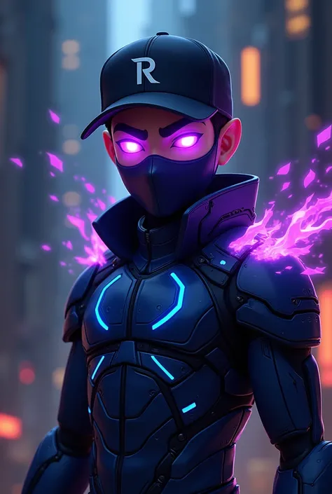 I want a male cartoon character with purple lights coming out of his eyes wearing a black cap with an R on it., and a mask with a fire design on one side and a dark blue, half-robotic chest with light blue details