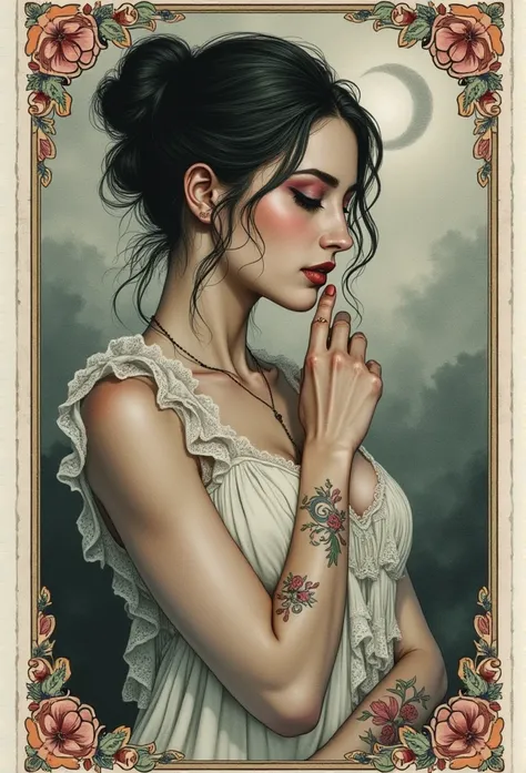 intricate romantic watercolor painting, tarot card style, full body portrait, highly detailed, few  ornate floral patterns, retro aesthetic, small area intricate tattoos, chiaroscuro lighting, muted color palette, painterly textures, dynamic composition, e...