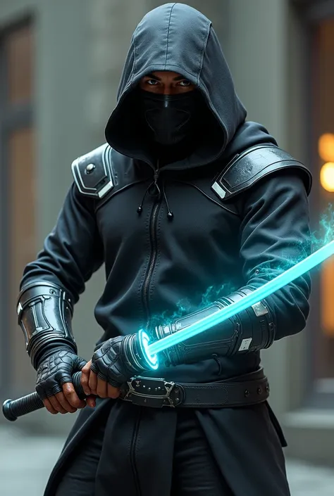 Make a realistic brown man, in black futuristic ninja outfit, with a mask covering his mouth and wearing a black hood, with a katana of bright light