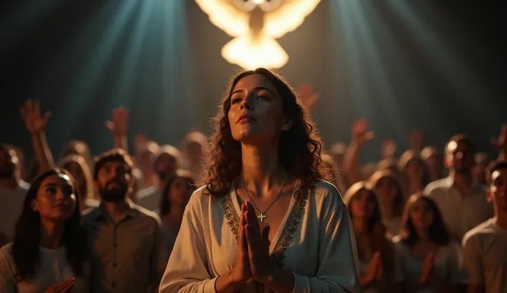 (photorealism:1.2), a woman praying and singing with hands clasped together, holding a golden cross necklace, on a stage surrounded by people, glowing holy dove above, dramatic lighting, emotional atmosphere, highly detailed, cinematic, 4k resolution, mast...