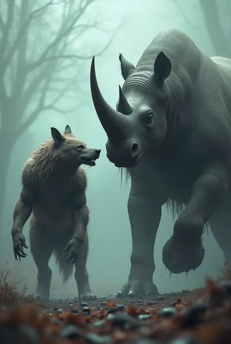 Make a monster photo in which there is a wolf  on the left and a rhinoceros on the right.