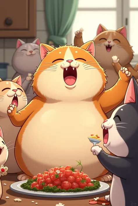 A cat who has eaten too much and gotten fat and has a bloated belly。
There are several。Everyone is smiling and eating together。Anime Style