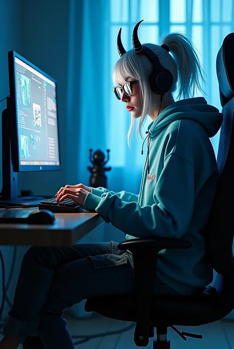 demon girl, white and blue hair, wear cargo pants, hoodie, both blue and white, sunglasses, white tennis shoes use headphones, sitting in a chair using her computer 