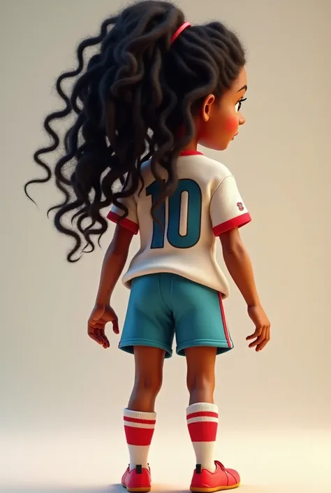 girl standing, full body from behind, brown skin, indigenous color, full body, long curly hair with defined curls, wearing a team jersey number 10 in the colors white, red and blue, the shirt is in evidence and the hair is to the side, realistic 3d cartoon...