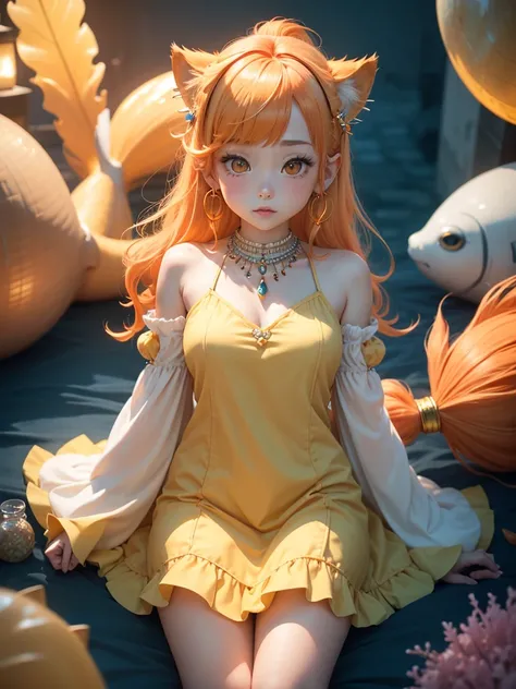 whole bodyを映す,cute little 、  hime cut, Blushing, whole body、Pointed Ears、Puff sleeve dress！Borange Hair/Light orange hair, Hoop Earrings, yellow eyes, Bright Eyes, Sparkling eyes, Wide-angle shot, Beaded Necklaces, Fish shaped hair accessories, Fish legs、m...