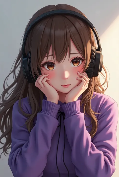 Girl with brown hair, brown eyes, long hair, purple clothes, with headphones on her head