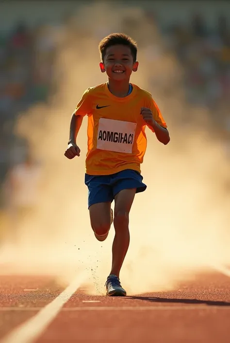 Young Filipino athlet running while celebrating, the view is place on his feet 