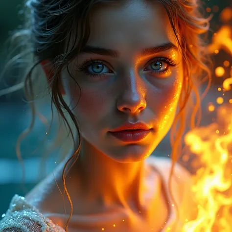 (best quality, high res, masterpiece:1.2), ultra-detailed, (realistic, photo-realistic:1.37), beautiful detailed eyes, water and fiery flashes in the eyes, water drops, beautifully detailed lips, extremely detailed eyes, and face, long eyelashes, goddess g...