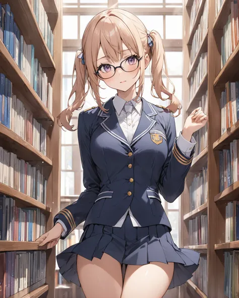 High school girls、1 person、Pigtails、Glasses、uniform、Library、