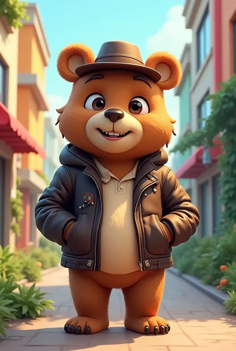 A cartoon bear with a cool outfit 