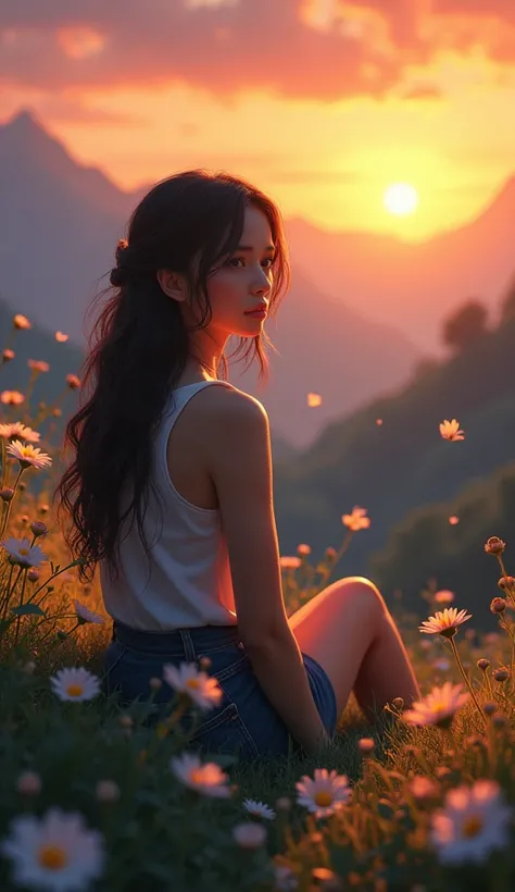 Image of a sitting woman, with tired expression, in a peaceful and flowery environment, in the background mountains and the sunset, looking at the horizon.