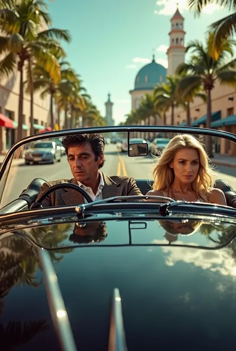 front view, by Tony Montana aka Al Pacino in Scarface, driving his convertible Porsche with a blonde woman next to him,on a street in Miami with palm trees, deluxe hotel,