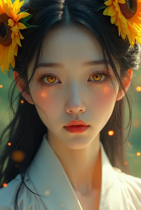 Close-up of a better masterpiece:1.5)0.9], (Chinese woman in ancient white dress:1.2) (Long black hair:1.1) (Colored eyes:yellow:1.2) (Sunflowers in my hair:1.0) (Colorful stars in the eyes:1.0) (Fluorescent light:1.1) (thick lips:0.9)