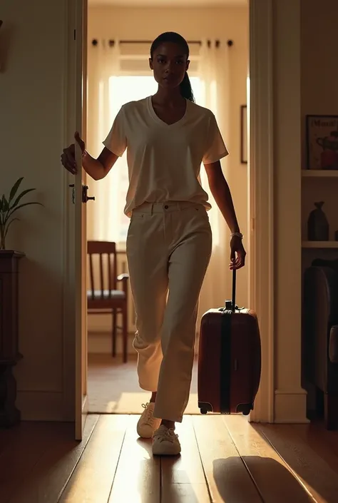 In day light Generate an image of a dark black lady with slick back hair entering an apartment with casual dress and slippers holding a suitcase