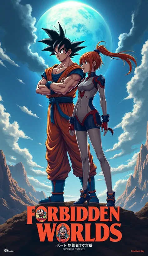  “Design a movie blockbuster poster with Goku (from Dragon Ball) and Asuka Langley (from Neon Genesis Evangelion). Title: ‘Forbidden Worlds’ should be large and prominently displayed. Directed by [Director]. Rated 16+. In theaters from [Date]. Add text suc...