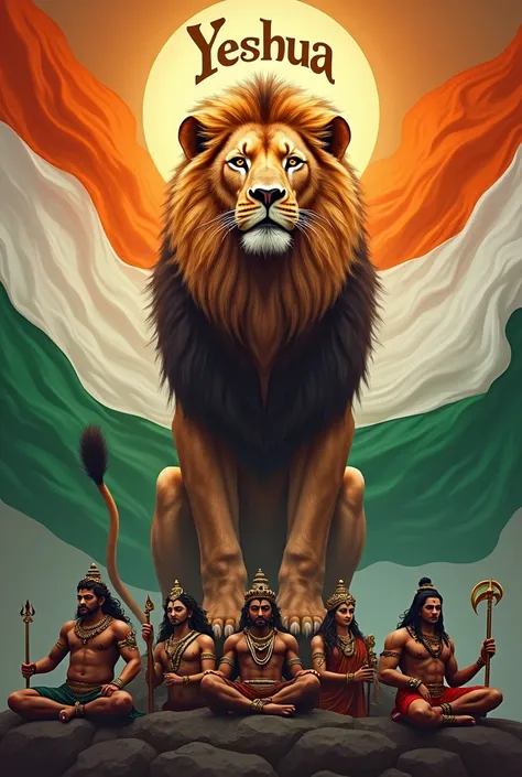 Create image of the flag of India with the lion of the tribe of Judah with a bow over its head written Yeshua and the gods of India prostrated