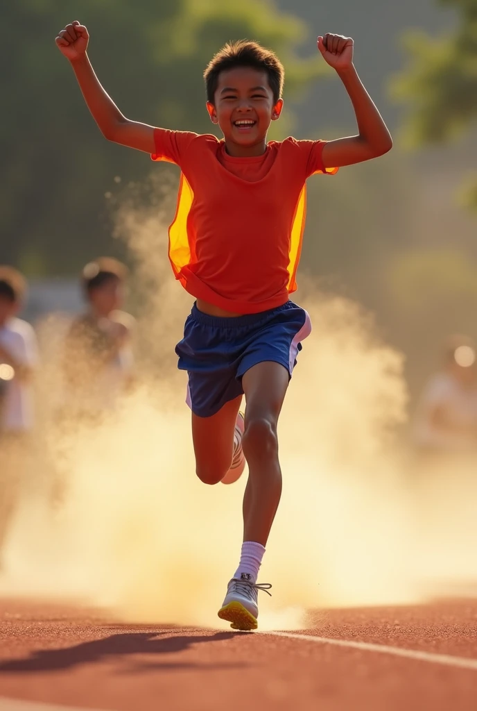 Young Filipino athlet running while celebrating, the view is place on his feet 