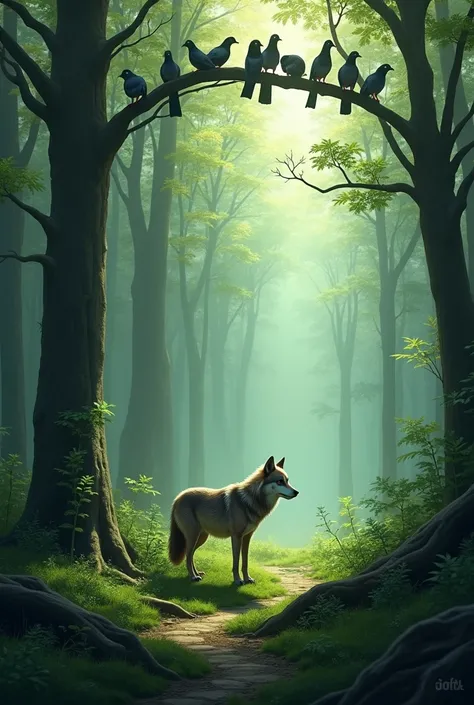 create image of a forest with pigeons a wolf