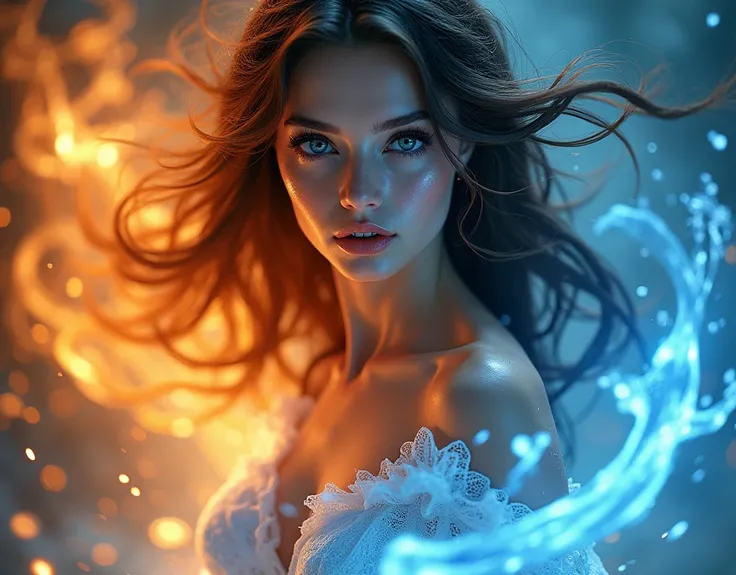 (best quality, high res, masterpiece:1.2), ultra-detailed, (realistic, photo-realistic:1.37), beautiful detailed eyes, water and fiery flashes in the eyes, water drops, beautifully detailed lips, extremely detailed eyes, and face, long eyelashes, goddess g...