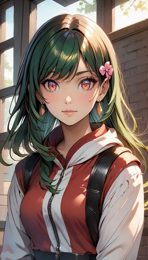 anime girl with green hair and red eyes with pink hairpin, longhair, longponytail, flat anime style shading, semirealistic anime style,  anime moe artstyle, anime stylized, semi realistic anime, anime realism style, detailed anime soft face