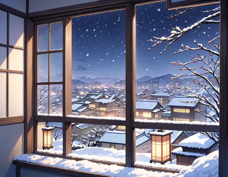 background　Japan　Late Night　winter　snow　The economy seen from the window　No buildings