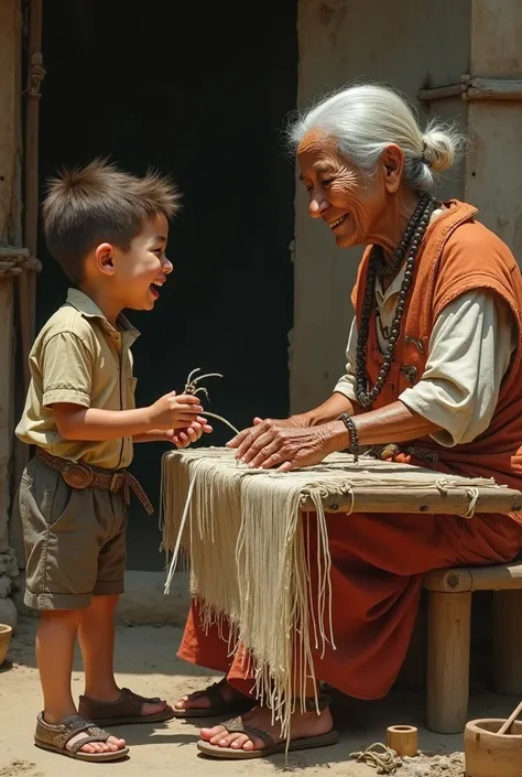 A boy laughs at the old woman&#39;s weaving job.