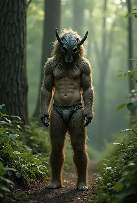  Young hairy guy is wearing jockstrap and an alien mask and is in a forest 