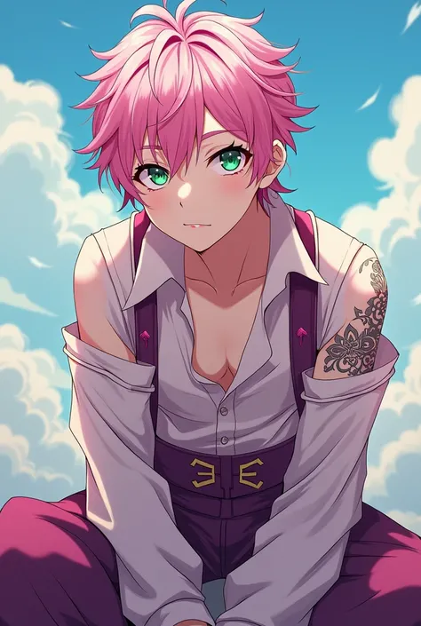 Asian man. Cute. Handsome. Beautiful facials features. Pinkish skin. Antennas. Flowers Tattoos. Pink and white bicolored hair with locks. Genshin impact outfit eggplant and white color. Round eyes big pupils. Shiny green eyes. Scar on his right cheek. Larg...