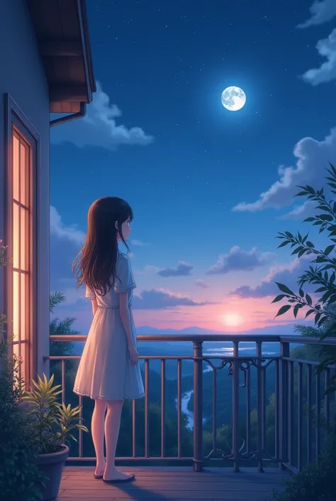 A girl in night looking at the moon from her balcony the photo can include the colour of black purple pink blue  wearing a simple dress the photos should be at like back pose in a anime theme