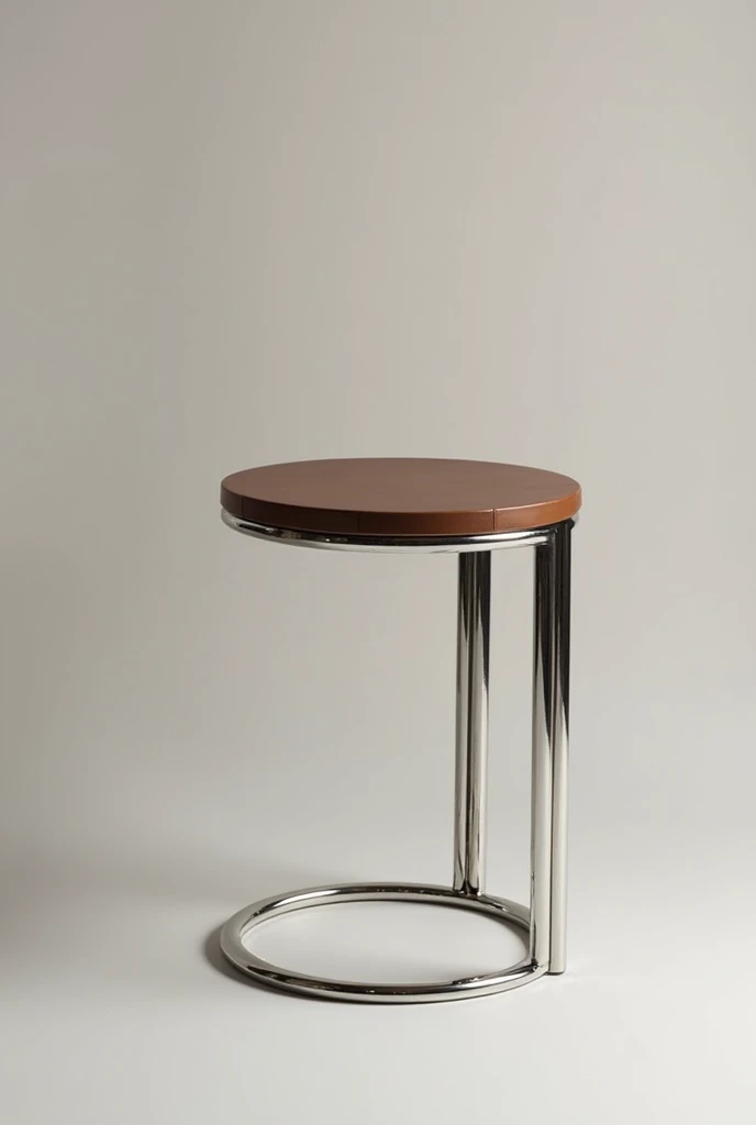 Create an image of a stylish side table, with a silver metal frame and a brown leather covered top. The table should have a modern and minimalist design, with clean lines and a polished finish. I need it to have more identity like designer furniture, be ro...