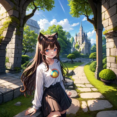 Rainbow brown hair、Rainbow Eyes、Wavy Hair、Hair tied up、Two cute、Checked mini skirt、Black T-shirt、Cat ear hood、Black knee-high socks、Teeth are visible、Monster Castle、Tilting face、lawn、In front of the city gates、The stone is cracked、Uneven ground、Stone Wall、...